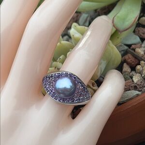 Honora Purple Pearl 9.5mm & Amethyst Sterling Silver Statement Ring Size 9